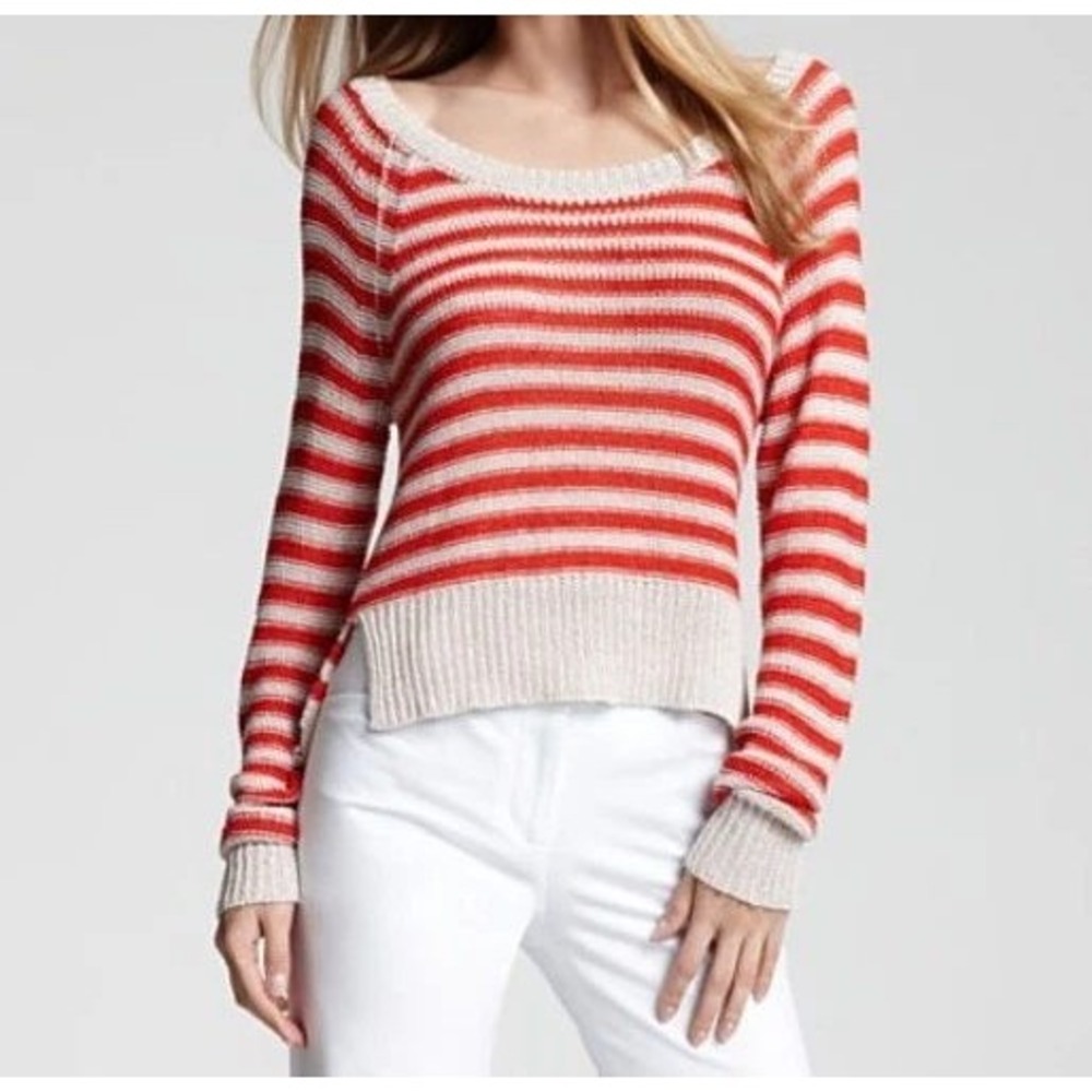 BCBGMAXAZRIA Striped Linen Blend Sweater Boat Neck High Low Red Beige Small